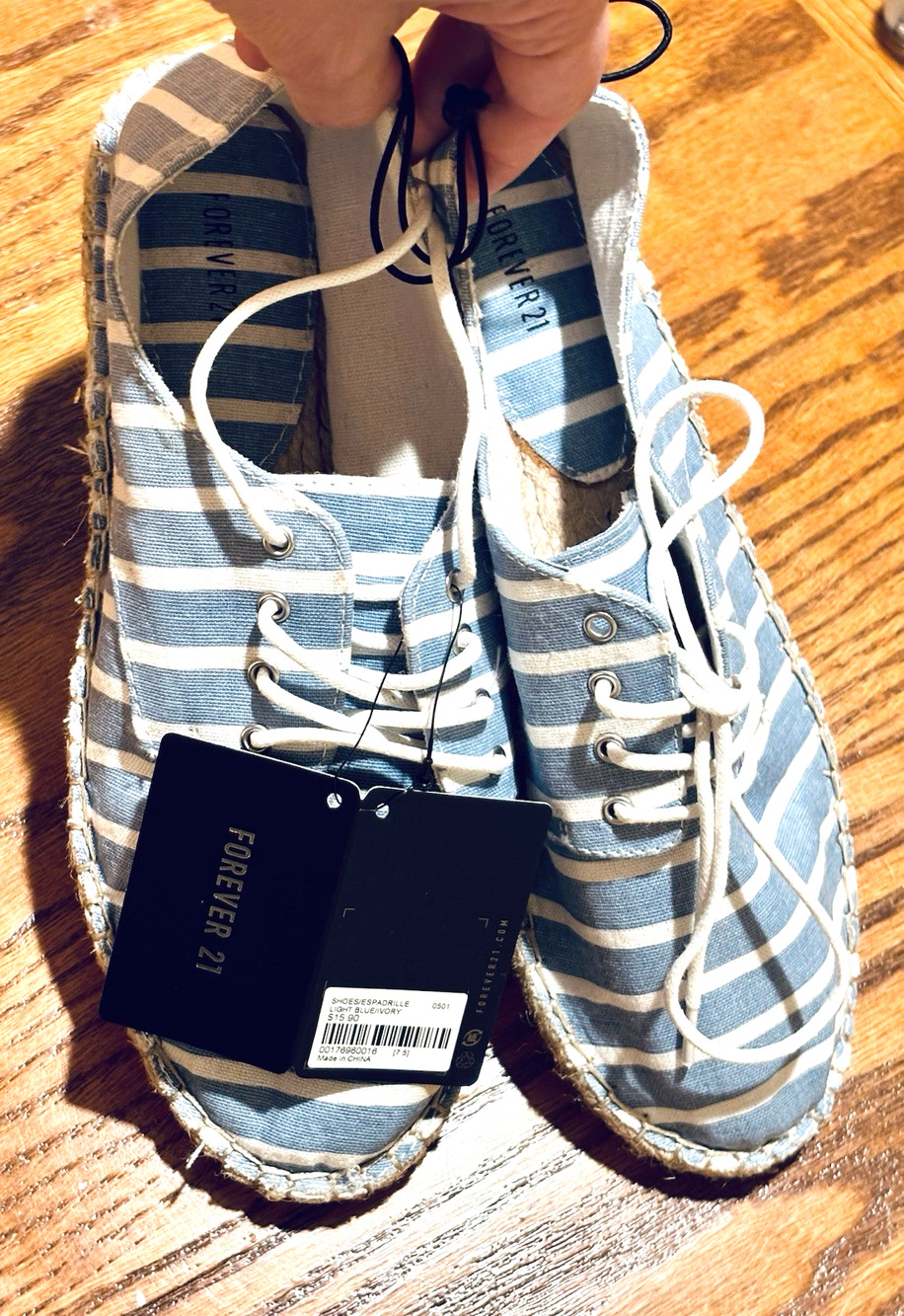 Forever 21 Blue/Ivory Striped Canvas Espadrille Flats Lace-Up Women's 7.5